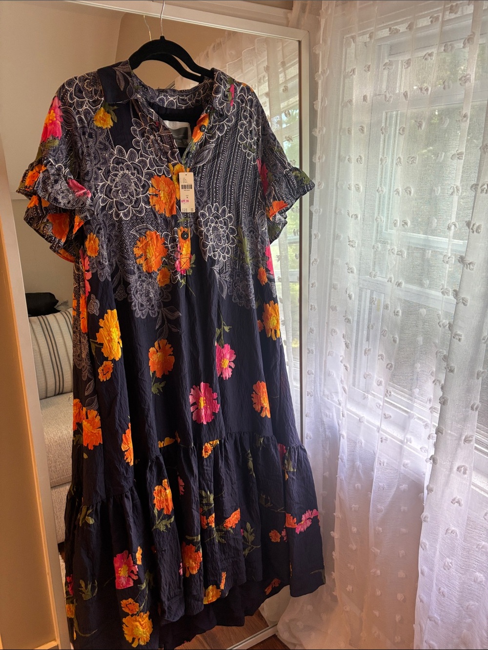 Anthropologie Navy Maxi Dress with Orange & Pink Floral
